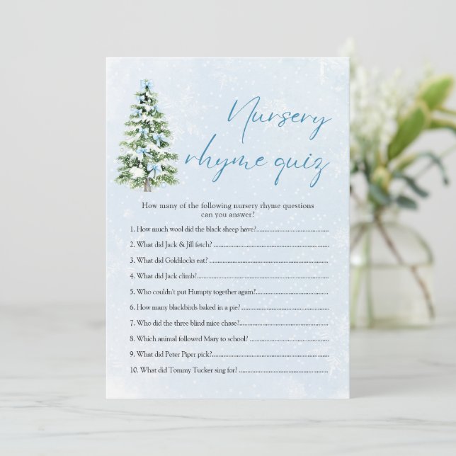 Convite Blue Bows Christmas Nursery Rhyme Quiz Baby Shower (Em pé/Frente)