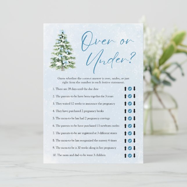 Convite Blue Bows Christmas Over Or Under Baby Shower Game (Em pé/Frente)