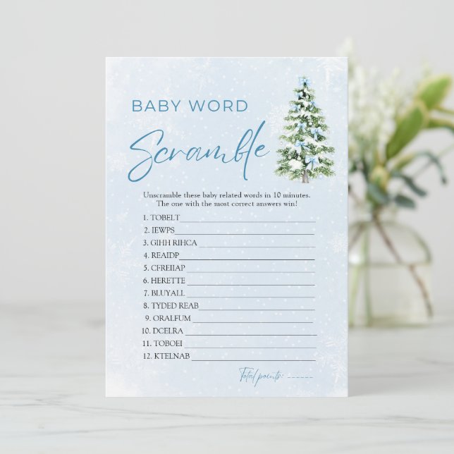 Convite Blue Bows Christmas Tree Baby Word Scramble Game (Em pé/Frente)