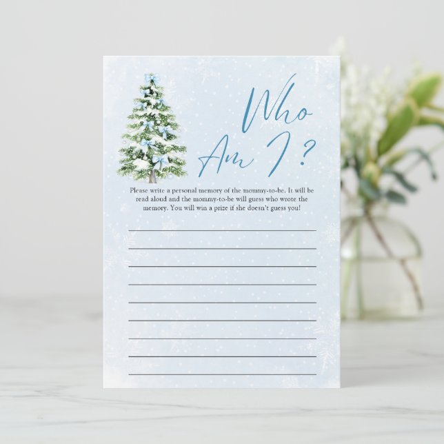 Convite Blue Bows Christmas Tree Who Am I Baby Shower Game (Em pé/Frente)