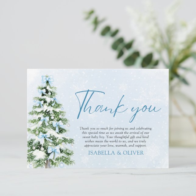 Convite Blue Bows Christmas Tree Winter Thank you card (Em pé/Frente)