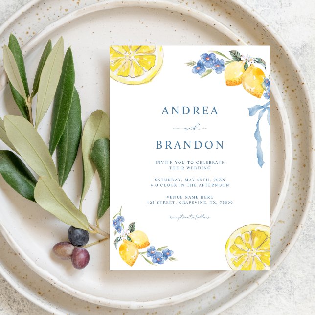 Convite Blue Bows & Lemons Italian QR Code Wedding (Criador carregado)