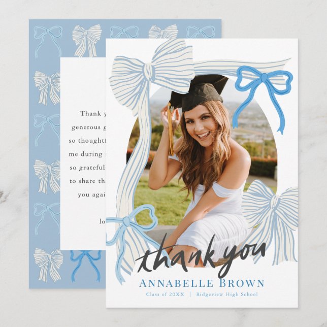 Convite Blue Bows Photo Graduation Thank You Card (Frente/Verso)