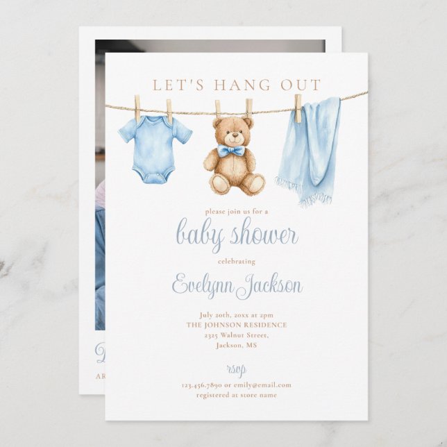 Convite Blue Boy Clothesline Baby Shower Photo QR Code (Frente/Verso)