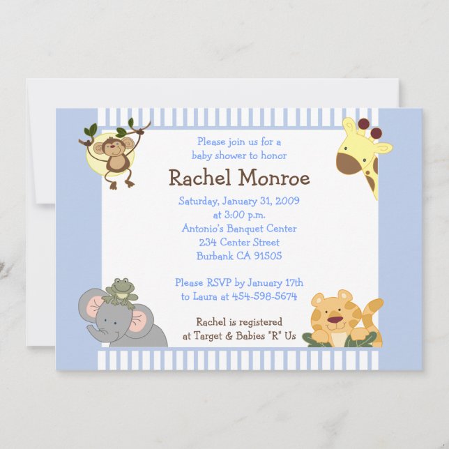 Convite Blue Boy Jungle Safari Amigos 5x7 Chá de fraldas (Frente)