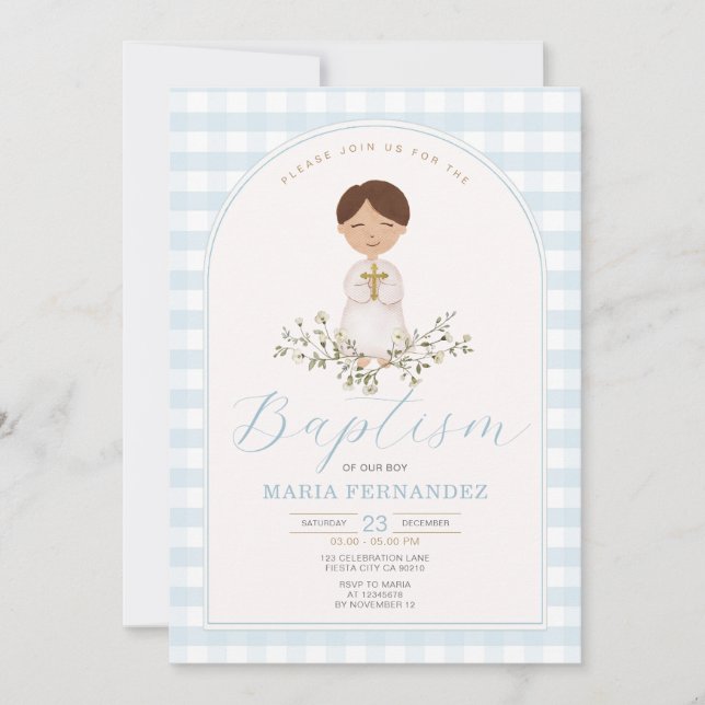 Convite Blue Boy Modern Greenery Baptism Gingham (Frente)