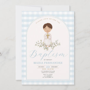 Convite Blue Boy Modern Greenery Baptism Gingham