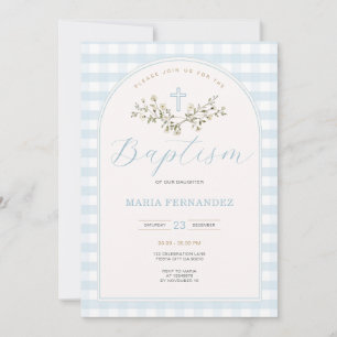 Convite Blue Boy Modern Wildflower Christening Gingham