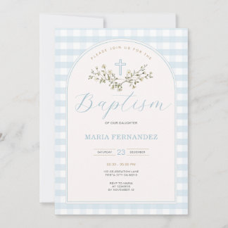 Convite Blue Boy Modern Wildflower Christening Gingham
