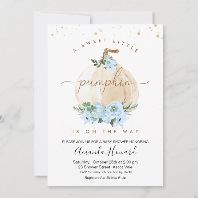 Convite Blue Boys Pequeno Chá de fraldas Floral de Abóbora (Frente)