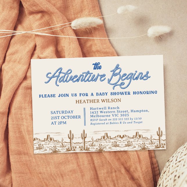 Convite Blue Boys Wilderness Adventure inicia Chá de frald (Boys Adventure Begins Baby Shower Invitation, Wilderness, Western Desert, Rodeo, Wild West Rope)