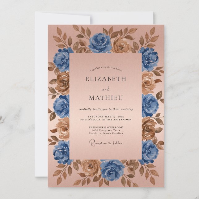 Convite Blue Bronze Floral Romantic Wedding (Frente)