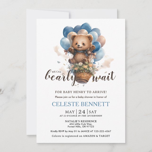 Convite Blue Brown Balloon Bear Baby Shower Invitation (Frente)