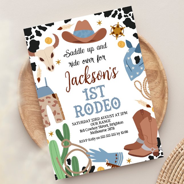 Convite Blue Brown Saddle para cima Primeiro primeiro aniv (Blue Brown First rodeo 1st birthday invitation, Wild west 1st birthday invite, My First Rodeo Invite)