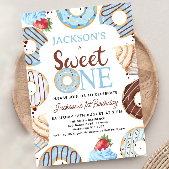 Convite Blue Brown Sweet One Rosquinha Birthday (Editable Boys Donut Sweet One Birthday Party Invitation Template. Printable Boys 1st Birthday Donut)