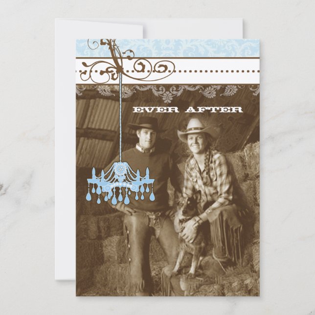 Convite Blue & Brown Vintage Chandelier Damask Your Photo (Frente)