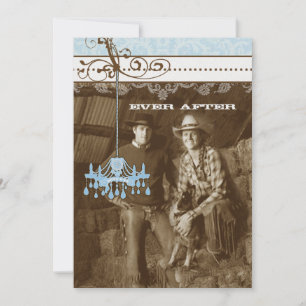 Convite Blue & Brown Vintage Chandelier Damask Your Photo