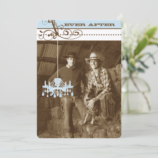 Convite Blue & Brown Vintage Chandelier Damask Your Photo (Em pé/Frente)