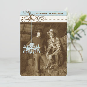 Convite Blue & Brown Vintage Chandelier Damask Your Photo