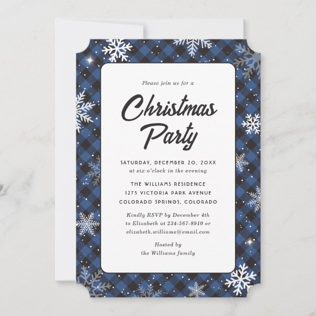 Convite Blue Buffalo Plaid Snowflake Christmas Party (Frente)