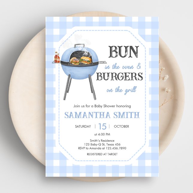 Convite Blue Burger BBQ Baby Shower (Bun and Burgers Baby Shower Invitation)