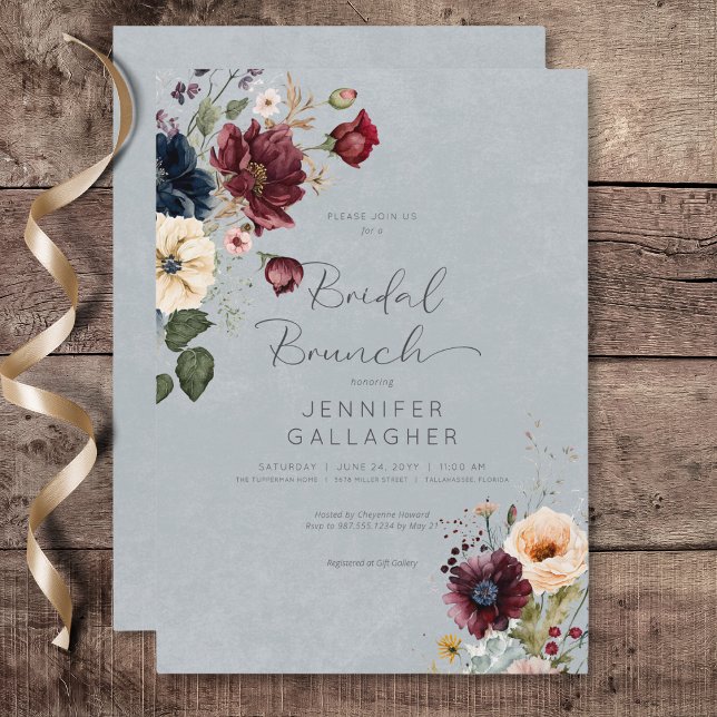 Convite Blue Burgundy e Cream Rustic Floral Bridal Brunch (Blue Burgundy & Cream Rustic Floral Bridal Brunch Invitation)