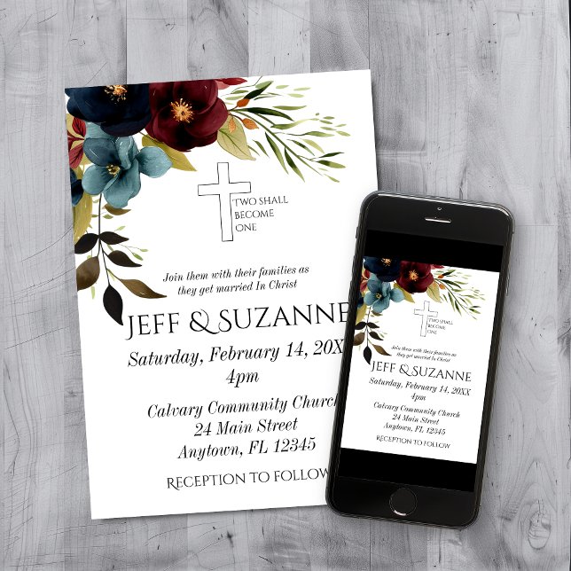 Convite Blue Burgundy Floral Cross 2 é um cristão (Blue Burgundy Floral Cross Two Become One Wedding Invitation)