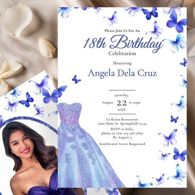 Convite Blue Butterflies And Dress 18th Birthday Debut (Criador carregado)
