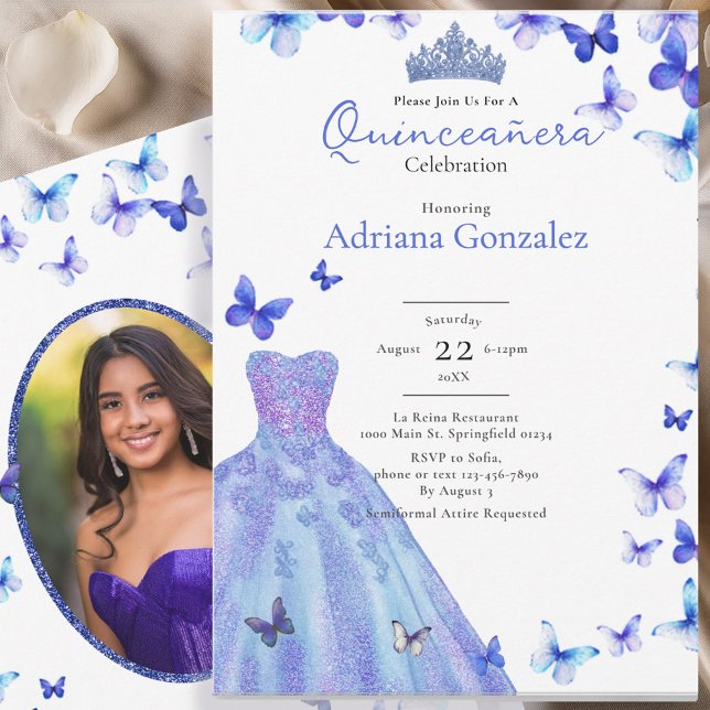 Convite Blue Butterflies Dress Tiara Photo Quinceanera (Criador carregado)