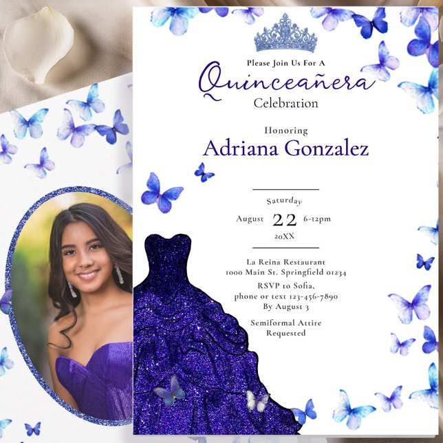 Convite Blue Butterflies Dress Tiara Photo Quinceanera (Criador carregado)