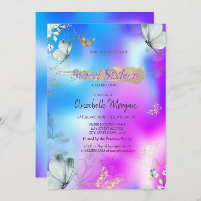 Convite Blue Butterflies Holographic Sweet 16 Birthday  (Frente/Verso)