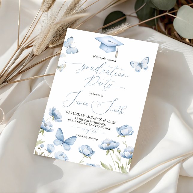 Convite Blue Butterfly Floral Graduation Invitation (Criador carregado)