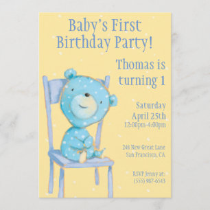 Convite Blue Calico Bear Birthday