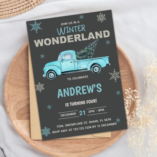 Convite Blue caminhão Winter Wonderland Birthday Invations (Blue truck Winter Wonderland Birthday Invitations)