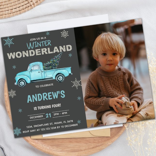 Convite Blue caminhão Winter Wonderland Birthday Invations (Blue truck Winter Wonderland Birthday Invitations)