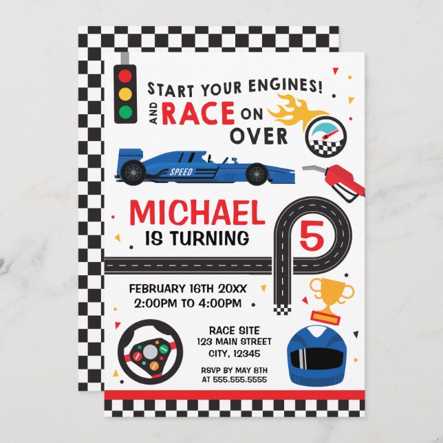 Convite Blue Car Racing  Birthday kid Invitation (Frente/Verso)