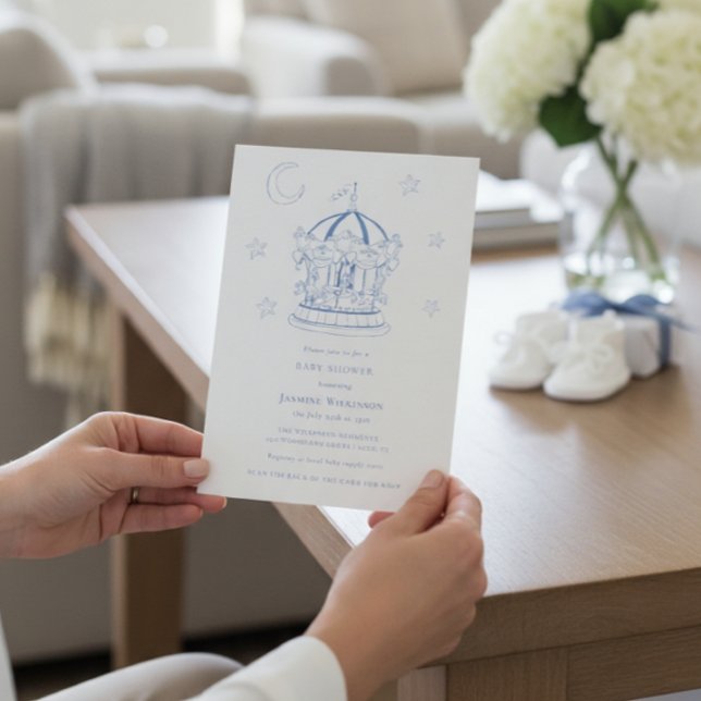 Convite Blue Carousel Moon Stars Baby Shower Invitation (Criador carregado)