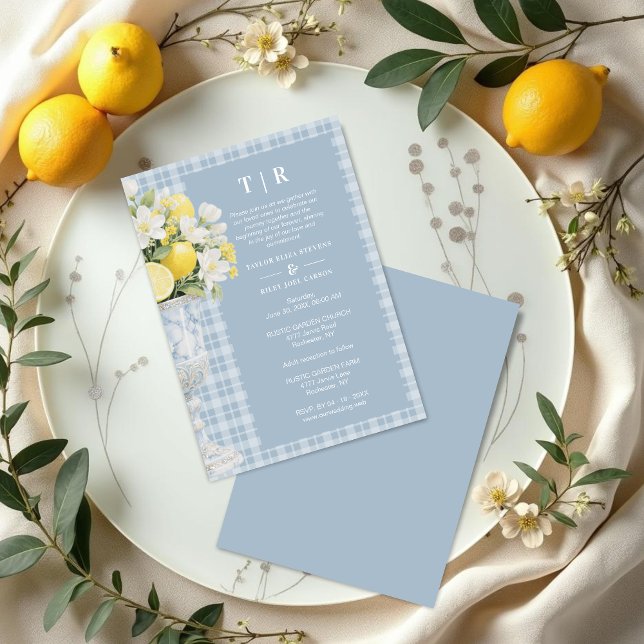 Convite Blue Chalice Vase Mediterranean Lemons & Flowers (Blue Classic Chalice Vase with Mediterranean Lemons and Flowers Invitation Card Design.)