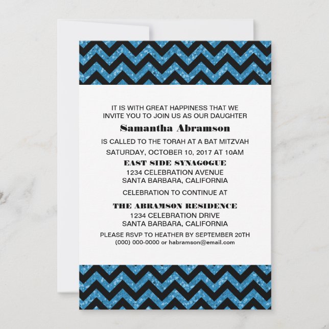 Convite Blue Chevron Glitter Bat Mitzvah Invite (Frente)