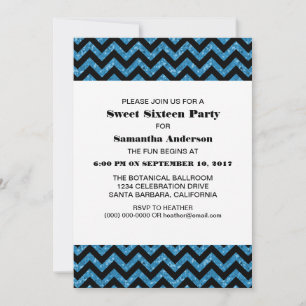 Convite Blue Chevron Glitter Sweet 16 Party Invite