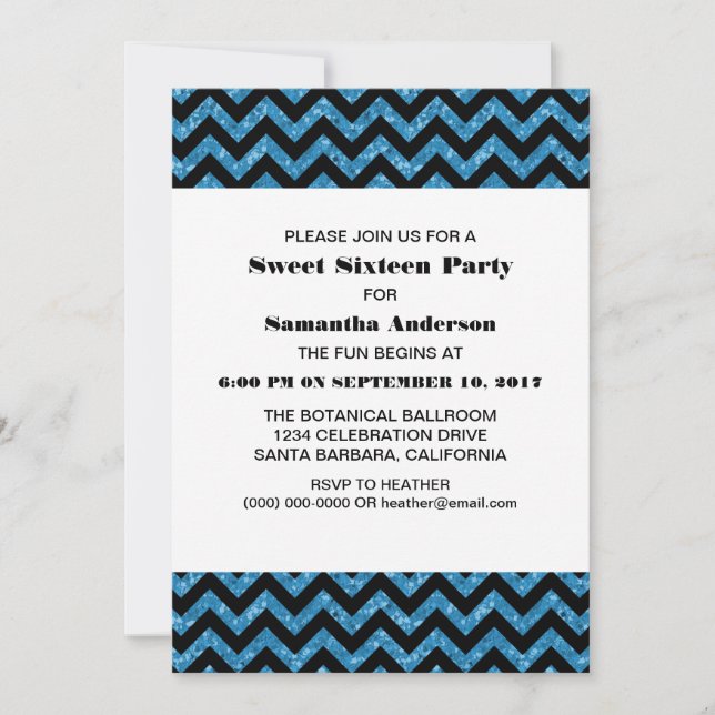 Convite Blue Chevron Glitter Sweet 16 Party Invite (Frente)