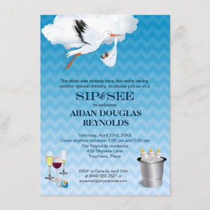 Convite Blue Chevron Stork Baby Sip and See Party
