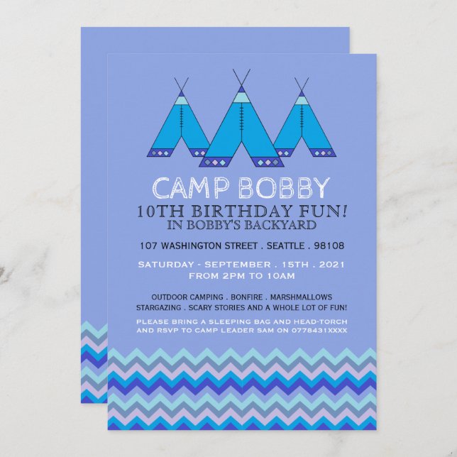 Convite Blue Chevron Tipi, Camping Birthday (Frente/Verso)
