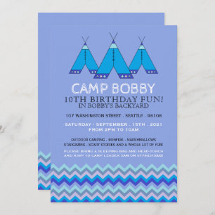 Convite Blue Chevron Tipi, Camping Birthday