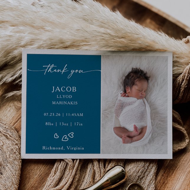 Convite Blue Chic Minimalist Photo Baby Announcement Card (Criador carregado)