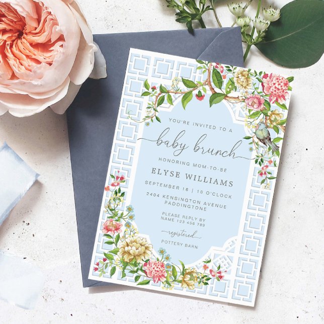 Convite Blue Chinoiserie Baby Brunation - Trianon (Baby Brunch Invitation Trianon Blue)