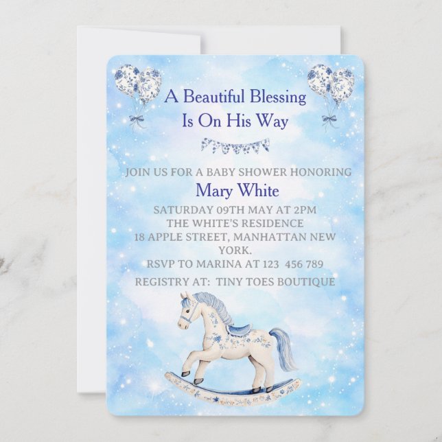 Convite Blue Chinoiserie Baby Shower Invitation (Frente)