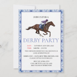 Convite Blue Chinoiserie Horse Race Derby Party Invite