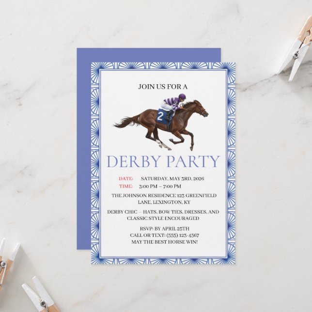 Convite Blue Chinoiserie Horse Race Derby Party Invite (Frente/Verso In Situ)