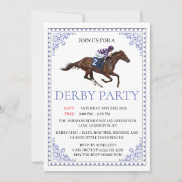 Convite Blue Chinoiserie Horse Race Derby Party Invite
